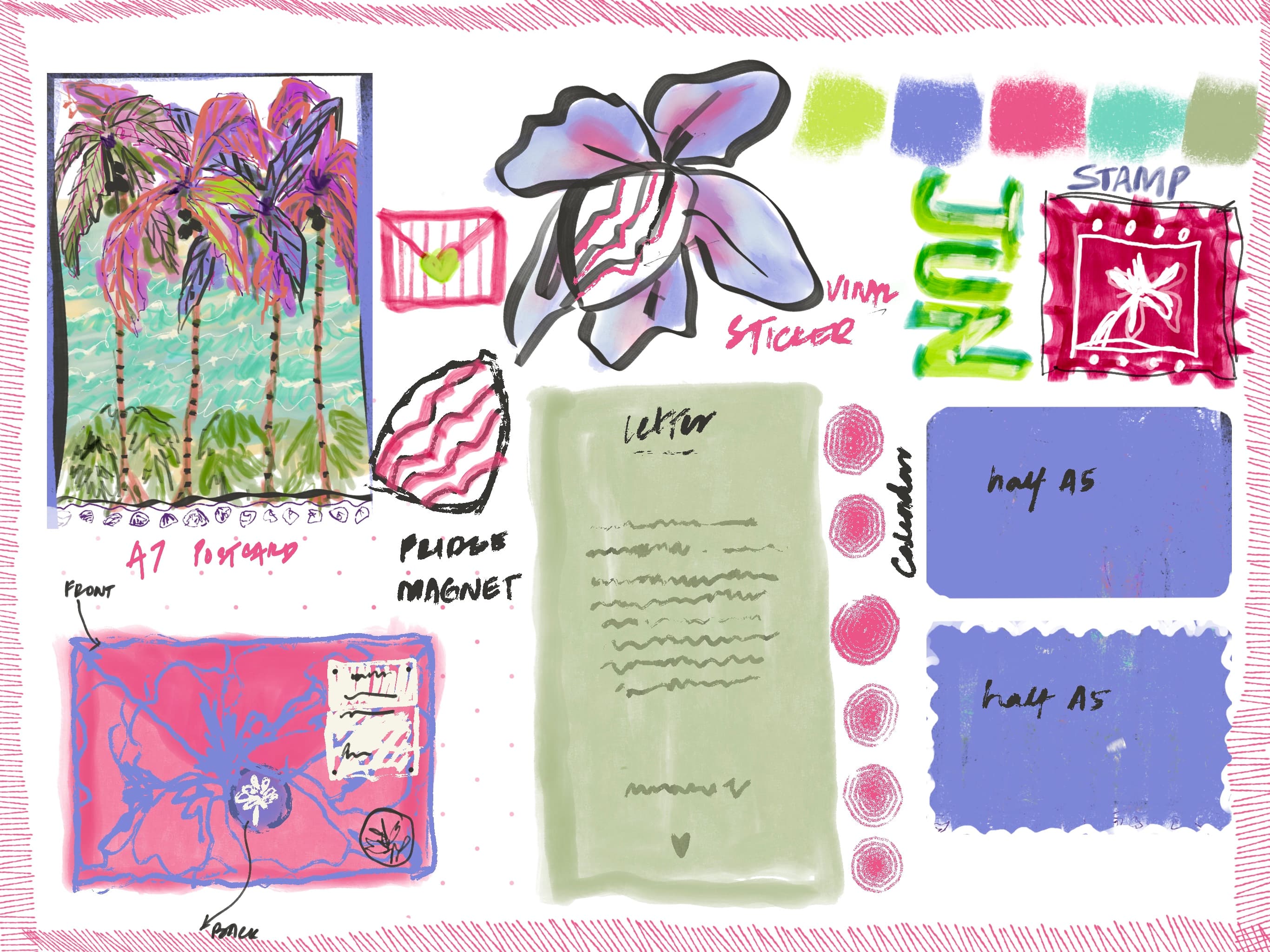 june theme process sketch — postcard, sticker, magnet, sage letter, calendar, half-A5 cards, JUN stamp
